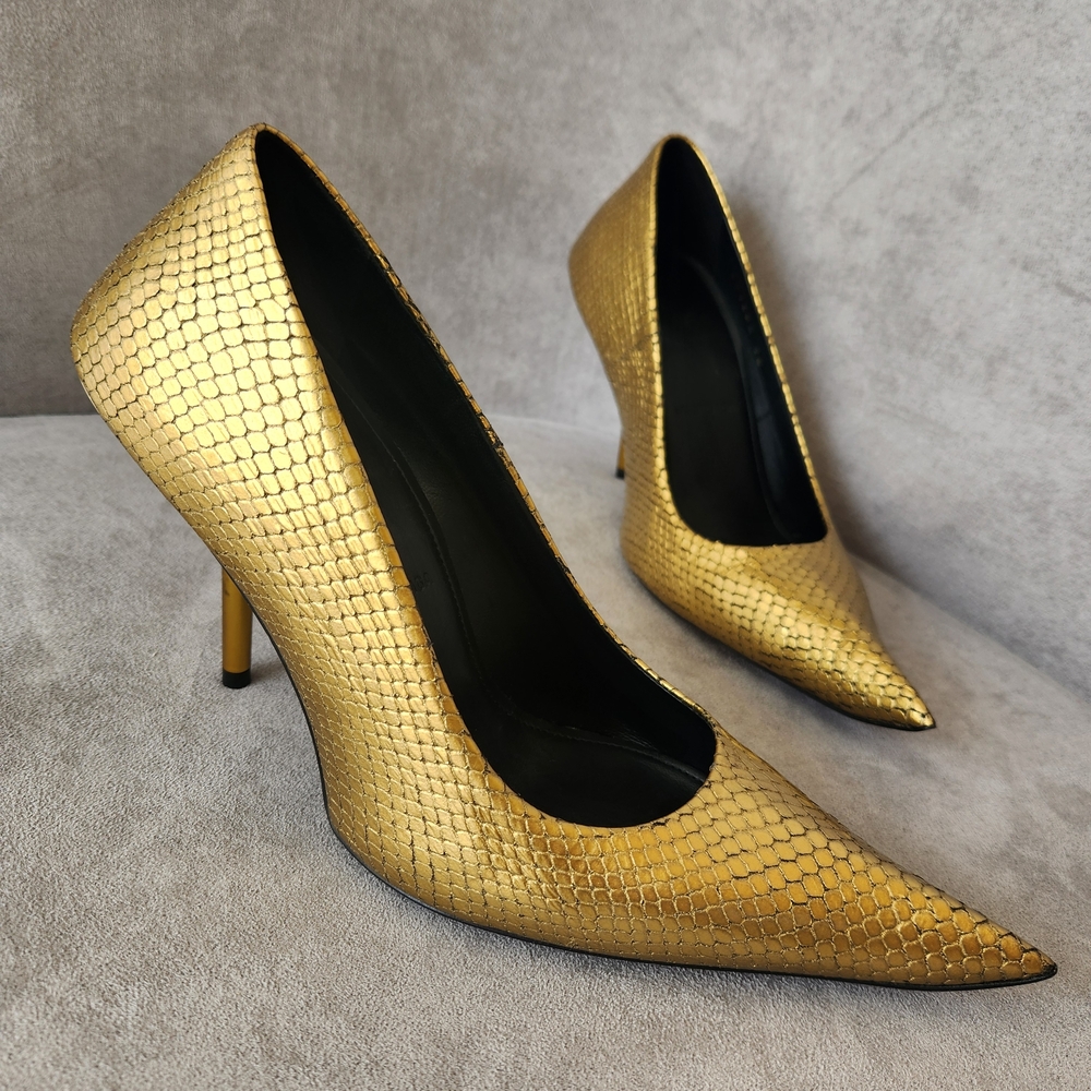 Balenciaga pumps 8 gold leather snake Essex architectural Made Italy new $1020 - Picture 1 of 16